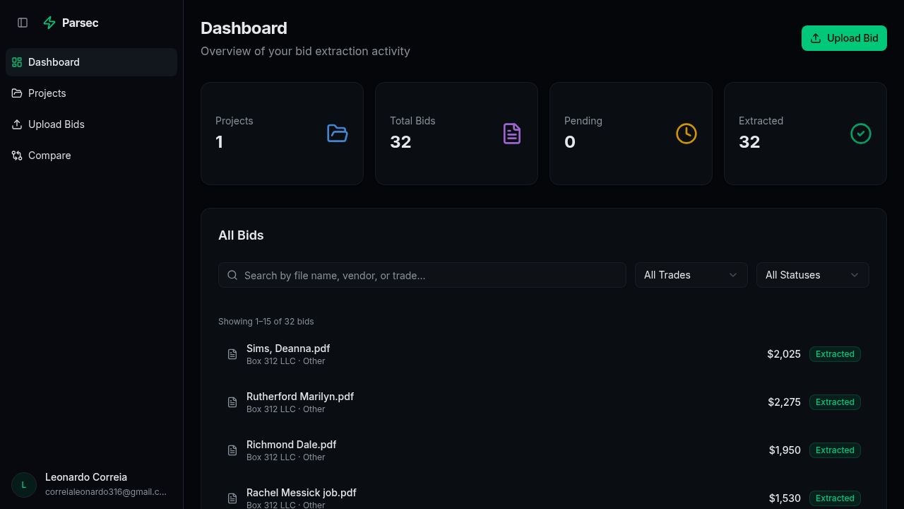 VektorBids dashboard showing extracted bids with vendor names, amounts, and status